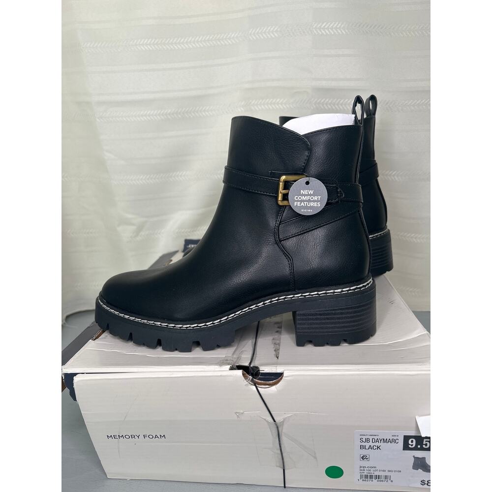 St. John's Bay Daymarc Leather Block Heel Ankle Booties Black Womens Size 9.5M - Picture 2 of 14